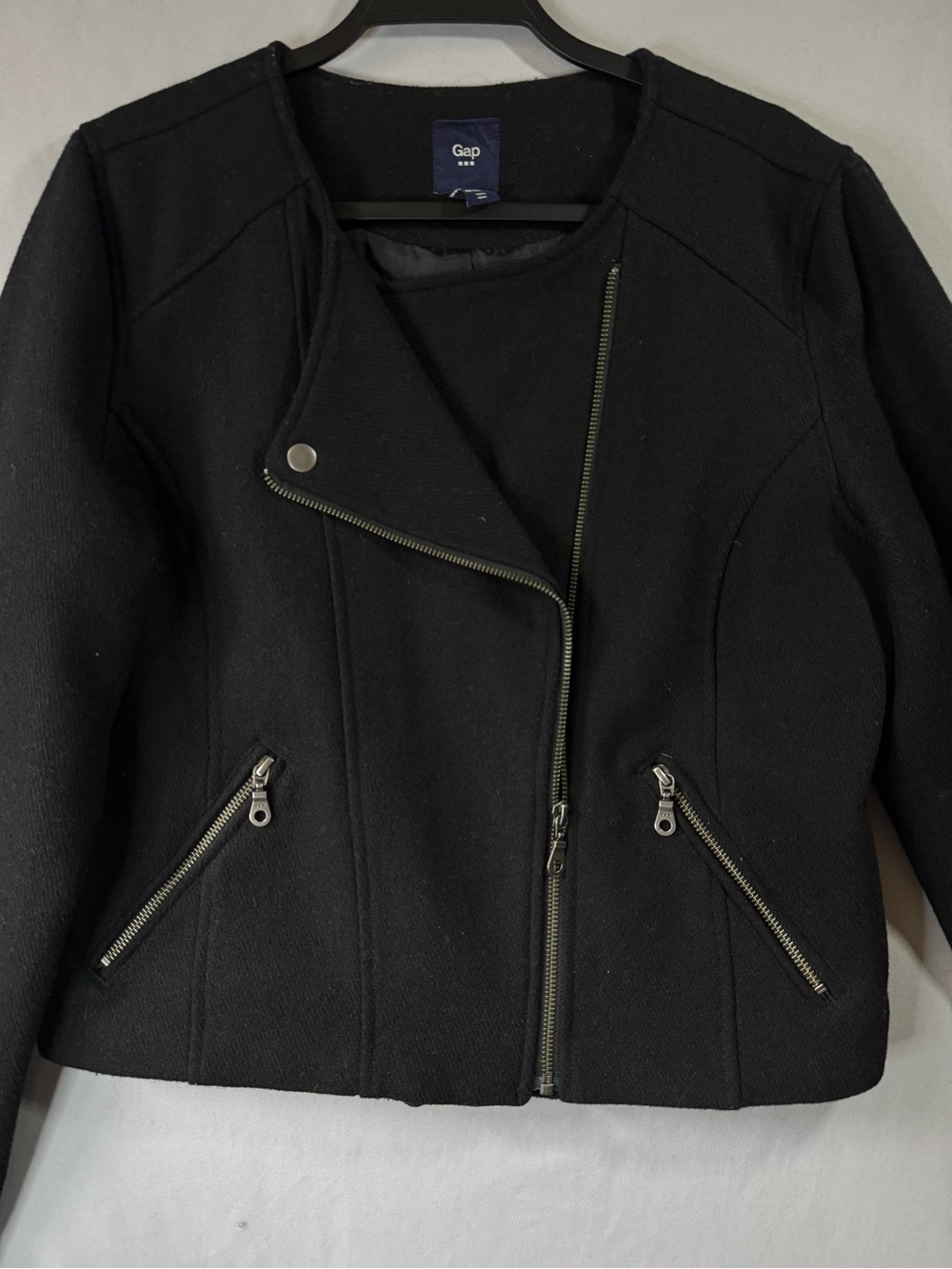 GAP Black Asymmetrical Zip Moto Wool Blend Jacket, Sz L